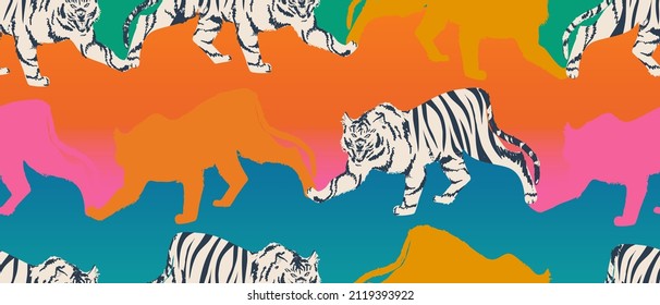 Hand drawn abstract colorful pattern with tigers. Creative collage contemporary seamless pattern. Fashionable trendy template for design.