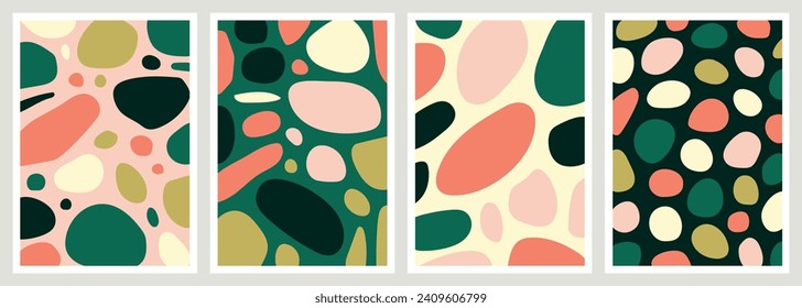 Hand drawn abstract colorful poster set. Modern wall art with organic ovoid shapes. Contemporary artworks with creative elements pattern. Interior decorations set. Colored flat vector illustrations.