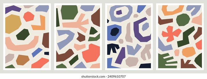 Hand drawn abstract colorful poster set. Modern wall art with naive cutout shapes. Contemporary artworks with creative elements pattern. Interior decorations set. Colored flat vector illustrations.