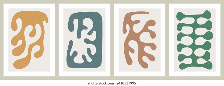 Hand drawn abstract colorful poster set. Modern wall art with organic shapes. Contemporary artworks with creative botanical elements. Interior decorations set. Colored flat vector illustrations.
