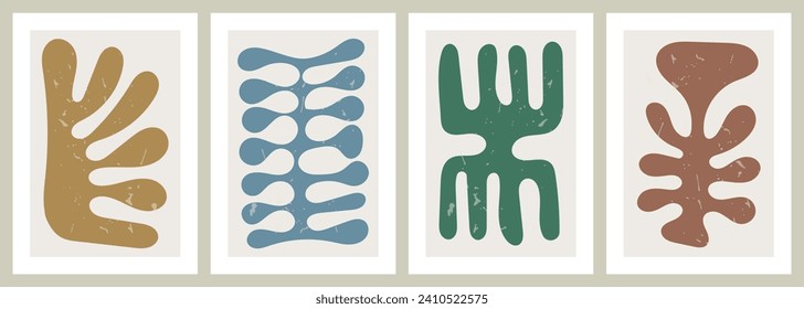 Hand drawn abstract colorful poster set. Modern wall art with organic shapes. Contemporary artworks with creative botanical elements. Interior decorations set. Colored flat vector illustrations.