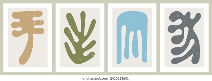 Hand drawn abstract colorful poster set. Modern wall art with organic shapes. Contemporary artworks with creative botanical elements. Interior decorations set. Colored flat vector illustrations.