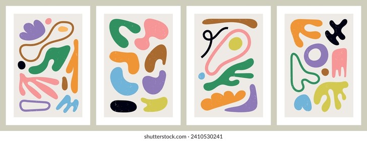 Hand drawn abstract colorful poster set. Modern wall art with organic shapes. Contemporary artworks with creative elements pattern. Interior decorations set. Colored flat vector illustrations.