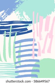 Hand drawn abstract composition in blue, green and pastel pink. Modern textile, greeting card, poster, wrapping paper designs.