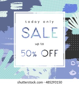 Hand drawn abstract composition in purple, mint green, gray and cream. Modern and creative sale poster, sale brochure, discount offer design.