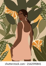 Obra a mano arte contemporáneo abstracto con hermosa mujer con cubierta de jardín tropical. Diseño de impresión. Papel tapiz de moda.  Ilustración vectorial.