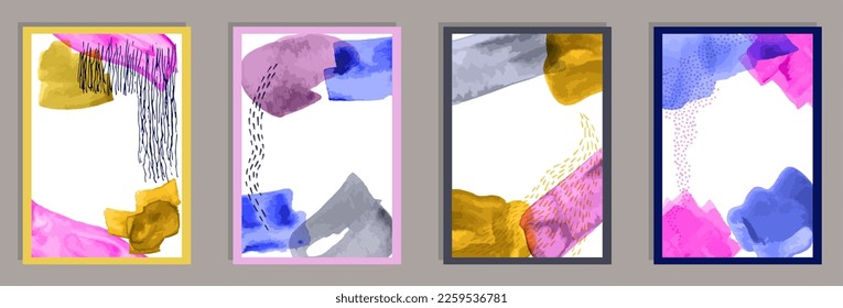 Hand drawn abstract covers vector collection. Watercolor spots texture. 60s style frames. Stylish office poster layouts. Doodle elements.