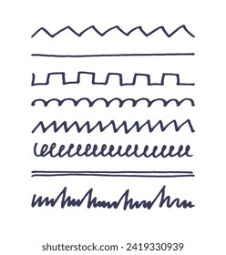 Hand drawn abstract curved scribble lines set. Doodle style felt pen dividers collection.