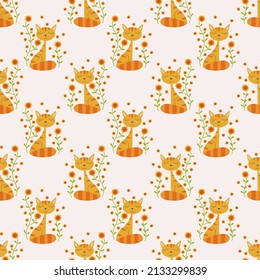 Dibujo manual abstracto lindo gato con girasol sin costura vectorial premium
