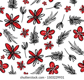 Hand Drawn Abstract Cute Ditsy Flowers and Branch Seamless Pattern Isolated Background