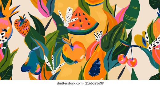 Hand drawn abstract cute fruits and flowers pattern. Collage playful contemporary print. Fashionable template for design.