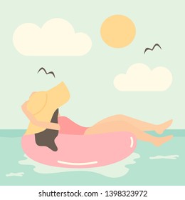 Hand drawn abstract cute summer background with beach girl swimming on pink inflatable circle in the sea