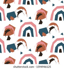 Hand drawn abstract cuttings shapes seamless pattern. Blue terracotta brushed repeat background for wrap, textile and print design. Earthy colors texture objects.