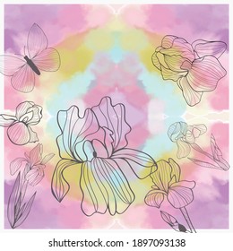 Hand drawn Abstract decorative Beautiful Watercolor background with iris flowers and butterfly.
