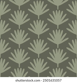 Hand drawn abstract desert palm leaves forming a simple pattern of sage green on a forest green background. Great for home decor, fabric, wallpaper, giftwrap, 
stationery,packaging design projects.