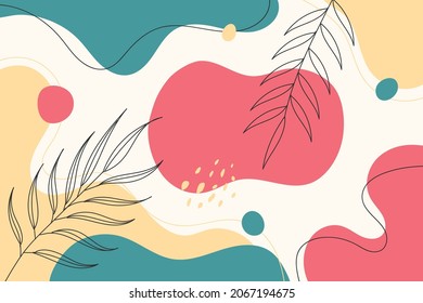 Hand drawn abstract design background with pastel colors and plant ornament. Vector illustration.