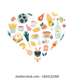 Hand drawn abstract design with French dishes, food. Colorful vector illustration