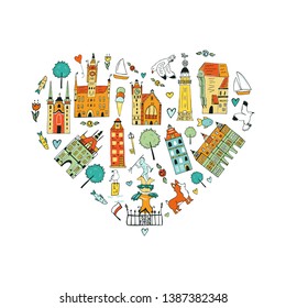 Hand drawn abstract design of Gdansk with tourist attractions. Travel to Poland concept. Illustration for travel guide, poster or apparel design