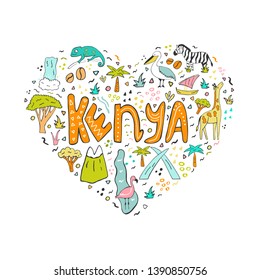 Hand drawn abstract design of Kenya with landmarks, animals and lettering text. For tourist guides, prints, souvenirs, posters, banners