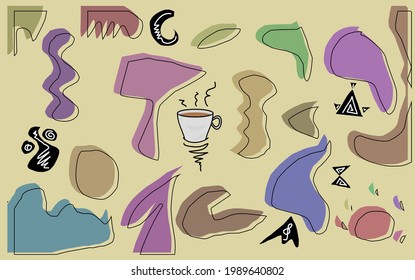 hand drawn abstract design wallpaper And a cup of coffee in the middle. colorful abstract shapes and outlines. design ornaments or design elements. aesthetic work