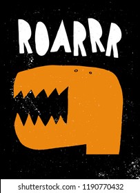 Hand Drawn Abstract Dinosaur Vector Illustration. Simple Infantile Grunge Design. Hand Written White Roarrr Text. Big Orange Head with Small Eyes. Scary Monster Party Theme. Orange lizard Head.