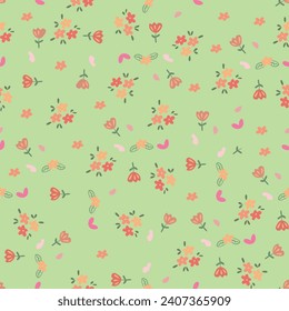 Hand drawn abstract ditsy flowers seamless pattern in red color. Repeating floral vector pattern