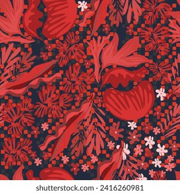 Hand drawn abstract ditsy flowers seamless pattern on red. Repeating floral vector pattern. Ditsy print in calico shabby chic. Scandinavian and rustic design. Background geometric and red flowers. 
