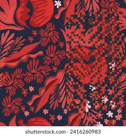Hand drawn abstract ditsy flowers seamless pattern on red. Repeating floral vector pattern. Ditsy print in calico shabby chic. Scandinavian and rustic design. Background geometric and red flowers. 
