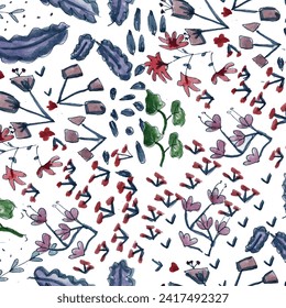 Hand drawn abstract ditsy flowers seamless pattern on red. Repeating floral vector pattern. Ditsy print in calico shabby chic. Scandinavian and rustic design. Background geometric and red flowers. 
