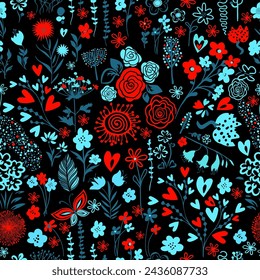 Hand Drawn Abstract Ditsy Flowers Repeating Vector Pattern Isolated Background