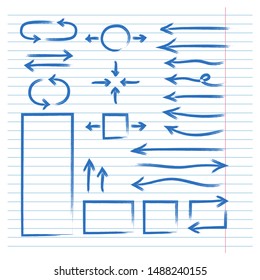 Hand drawn abstract doodle arrows. Handdrawn vector design set of arrows and circles on lined paper