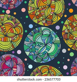 Handgezeichnet abstrakter doodler Hintergrund. Nahtlose Vektorgrafik mit mehrfarbigen Sphären