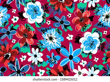 Hand Drawn Abstract Doodle Botanical Flowers and Leaves Repeating Vector Pattern Isolated Background