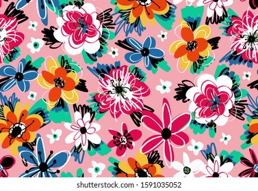 Hand Drawn Abstract Doodle Botanical Flowers and Leaves Repeating Vector Pattern Isolated Background