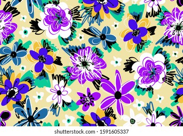 Hand Drawn Abstract Doodle Botanical Flowers and Leaves Repeating Vector Pattern Isolated Background
