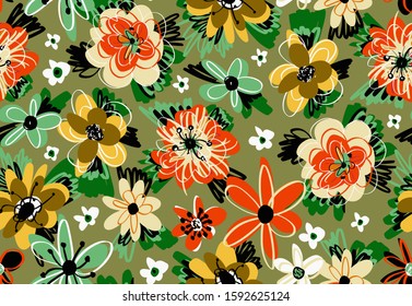 Hand Drawn Abstract Doodle Botanical Flowers and Leaves Repeating Vector Pattern Isolated Background