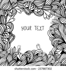 Hand drawn abstract doodle card design. Black and white floral background. Vector illustration for design of gift packs, wrap,  greeting cards, wallpaper, web sites and other. 