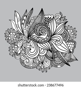 Diseño de tarjeta doodle abstracta dibujada a mano. Fondo floral blanco y negro. Ilustración vectorial para el diseño de paquetes de regalo, envoltura, tarjetas de felicitación, fondo de pantalla, sitios web y otros. 