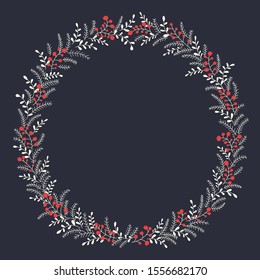 Hand Drawn Abstract Doodle Christmas Foliage, Red Holy Berries, Mistletoe, Fir Tree and Pine Branches on Dark Background Vector Round Frame. Trendy Cute Festive Winter Holidays Print