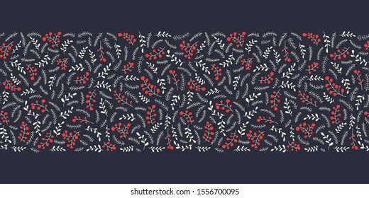 Hand Drawn Abstract Doodle Christmas Foliage, Red Holy Berries, Mistletoe, Fir Tree and Pine Branches on Dark Background Vector Seamless Pattern Horizontal Border. Trendy Cute Festive Winter Holidays