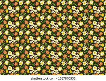 Hand Drawn Abstract Doodle Ditsy Gipsy Flowers and Leaves Repeating Vector Pattern Isolated Background