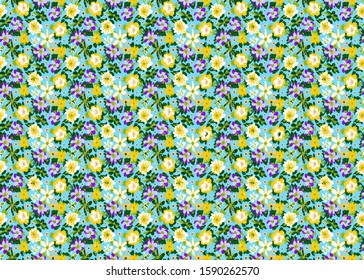 Hand Drawn Abstract Doodle Ditsy Gipsy Flowers and Leaves Repeating Vector Pattern Isolated Background