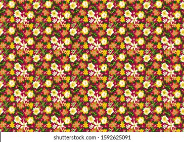 Hand Drawn Abstract Doodle Ditsy Gipsy Flowers and Leaves Repeating Vector Pattern Isolated Background