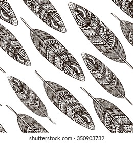 Hand drawn abstract doodle feathers seamless pattern. Vector zentangle illustration for your design. Good for notebook cover, textile, wrapping paper, background.