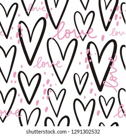 Hand drawn abstract doodle seamless pattern with hearts. Romantic mood design. Valentine's Day - pattern
