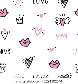 Handgezeichnete abstrakte Doodle nahtlose Muster mit Herzen. Romantisches Stimmungsdesign. Valentinstag - Muster