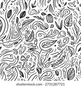 Dibujado a mano abstracto doodle patrón sin fisuras. Vector de fondo blanco y negro con remolinos orgánicos, hojas y líneas caóticas. Textura decorativa para textiles, papel de regalo o página de libro para colorear.