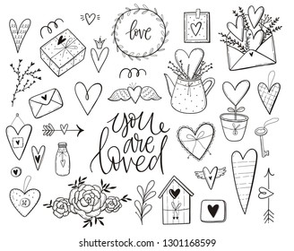 Hand drawn abstract doodle set with hearts, flowers, gift, home, decor elements. Romantic mood design. Valentine's Day - print