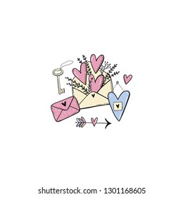Hand drawn abstract doodle set with hearts, flowers, gift, home, decor elements. Romantic mood design. Valentine's Day - print