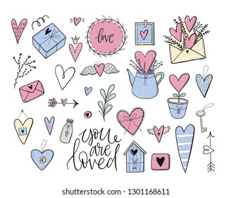 Hand drawn abstract doodle set with hearts, flowers, gift, home, decor elements. Romantic mood design. Valentine's Day - print